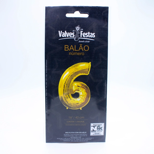 Balão Número 6 Valves Festas Dourado 16/40cm Contém 1 Unidade