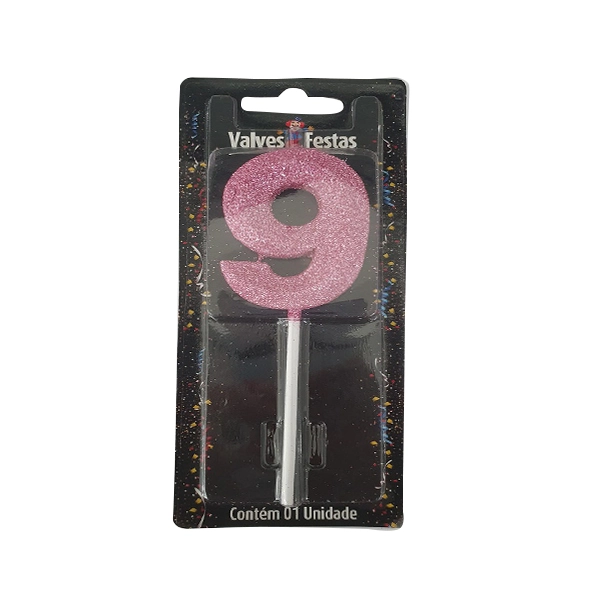 Vela Aniversario Valves Festa Palito Gliter Rosa N.9