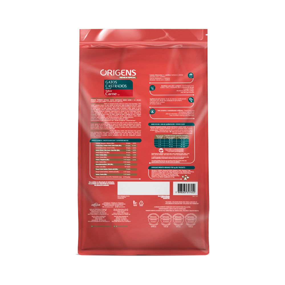 Ração Seca Origens Gato Castrados Carne 3kg