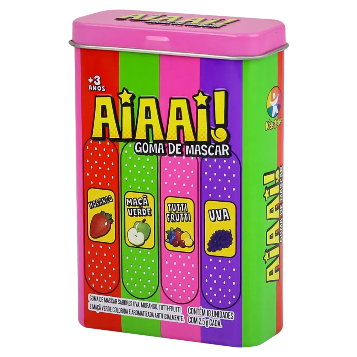 Goma De Mascar Uva, Morango, Tutti Frutti Ou Maçã Verde Kids Zone Aiaai Lata 45g 18 Unidades