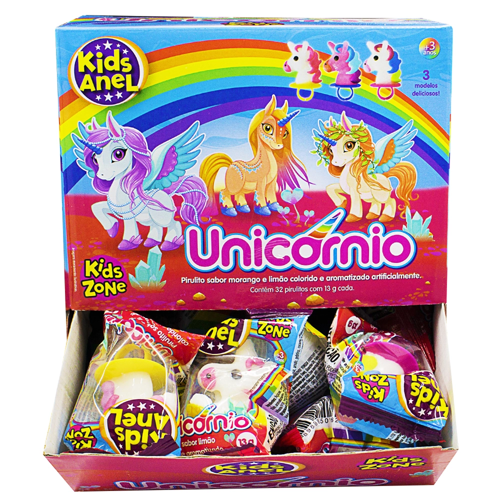 Pirulito Anel Morango Ou Limão Unicórnio Kids Zone Pacote 13g