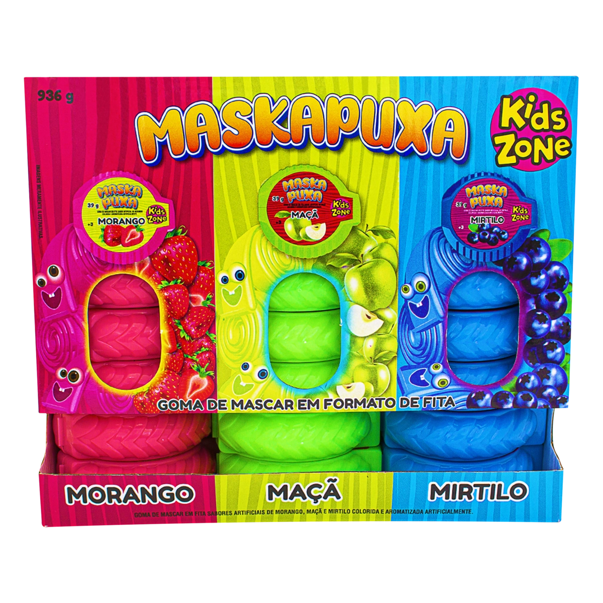 Goma De Mascar Fita Maçã Verde, Mirtilo Ou Morango Kids Zone Maskapuxa Pote 39g
