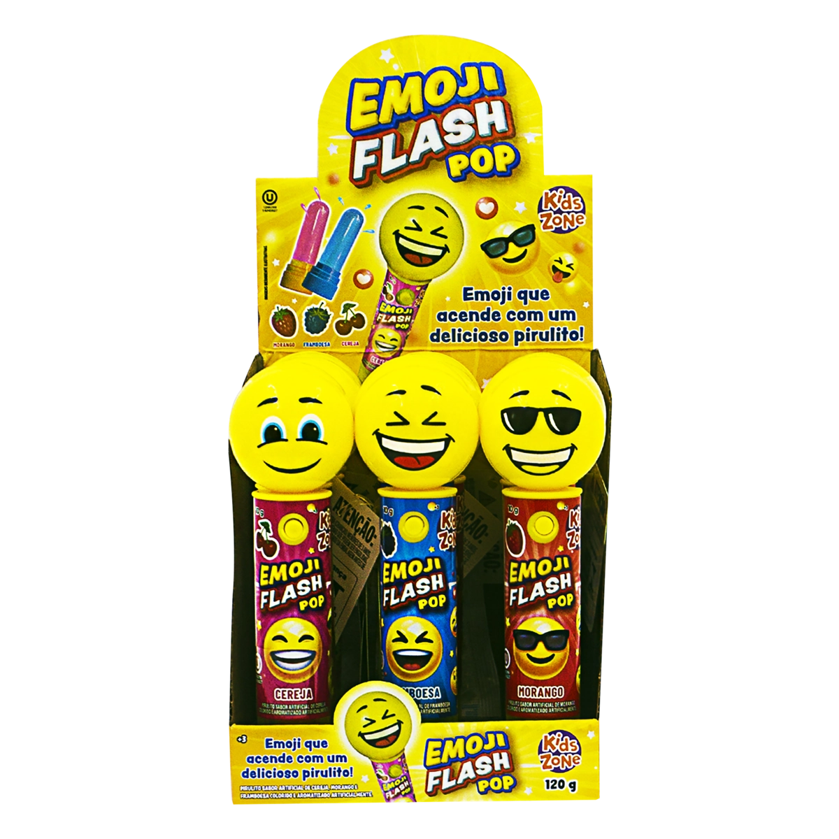 Pirulito Morango, Framboesa Ou Cereja Kids Zone Emoji Flash Pop 10g