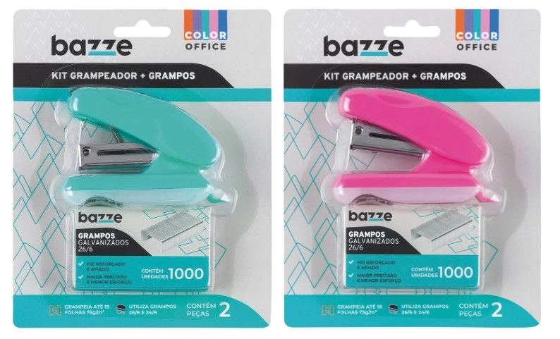 Kit Grampeador Grampo Mini B5101 Turquesa/rosa 26/6 Bazze
