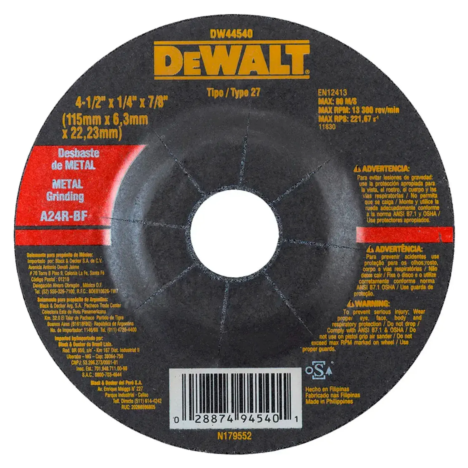 Disco De Desbaste 4.1/2 115x6.4x22mm Aço Dewalt Dw44540