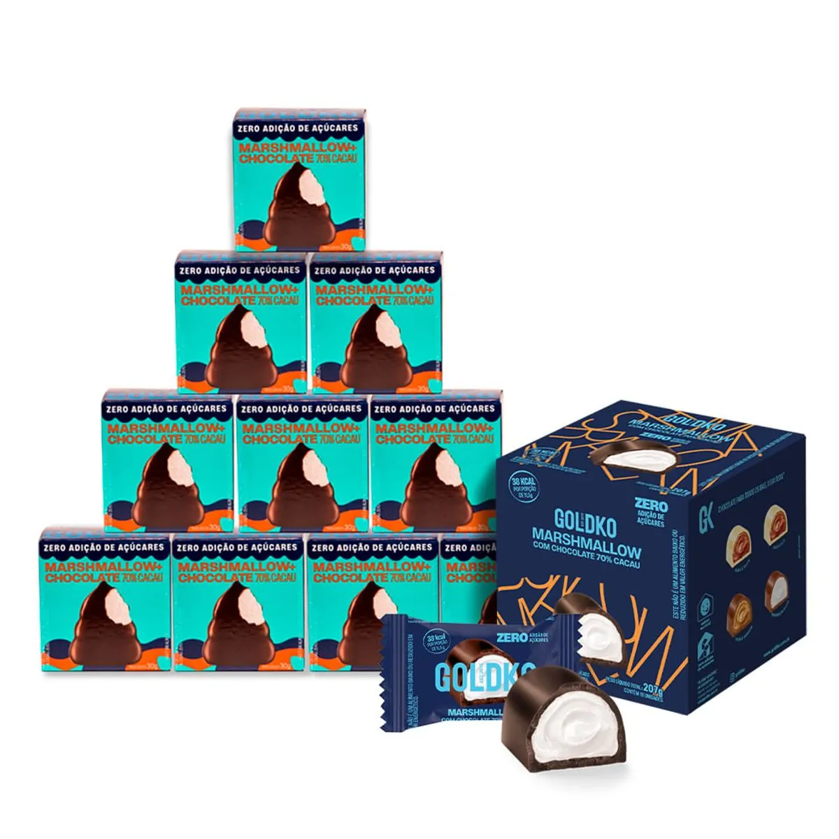 10 Musas 70% cacau + Caixa de bombom marshmallow 70% cacau zero adição de açúcares