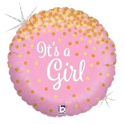 18 It S A Girl Pink With Gold Dots Holographic Shimmer Confetti Design Mylar Balloons