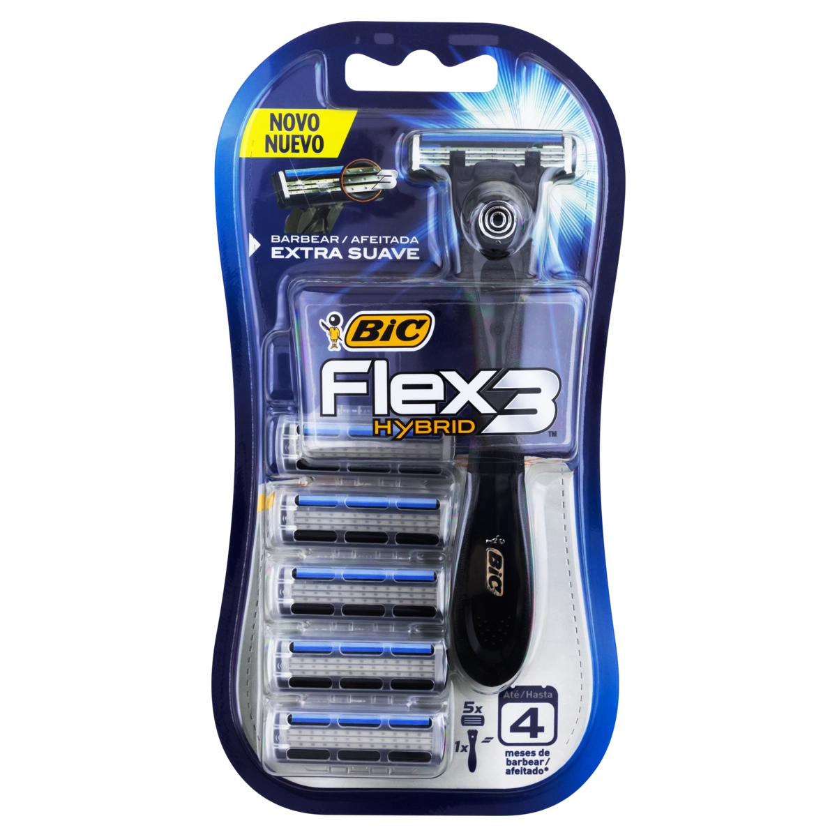 Kit 1 Aparelho Recarregável 5 Cargas Para Barbear Bic Flex 3 Hybrid