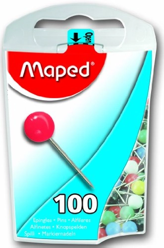 Maped Map Pins In Reusable Plastic Case, 100 Pins Per Box, Assorted Colors 346011zc