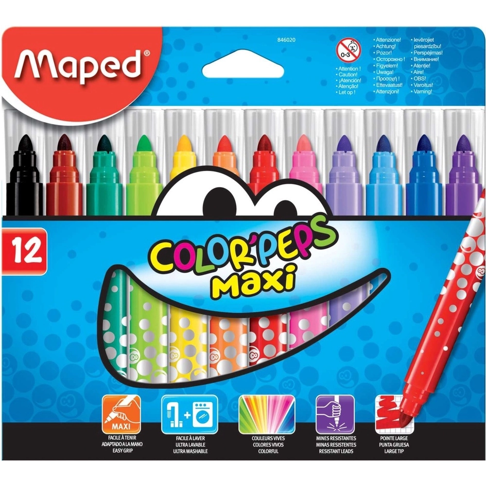 Maped Color Peps Maxi Washable Felt Markers, Large Tip, 12 Markers Per Pack, Assorted Colors