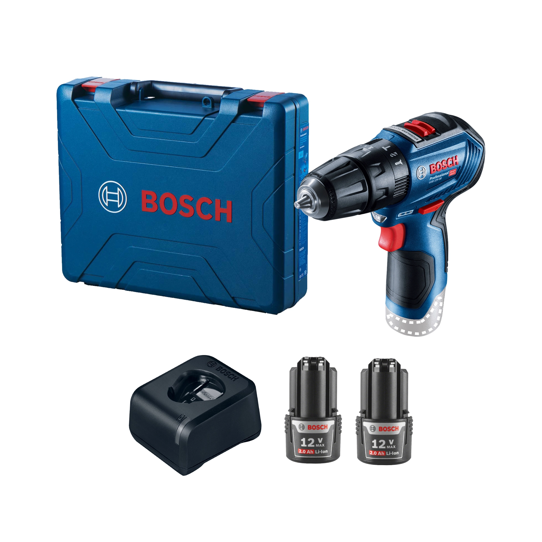 Furadeira e Parafusadeira Bosch Brushless com Maleta Carregador e 2 Baterias 12V 3/8" GSB 12V-30