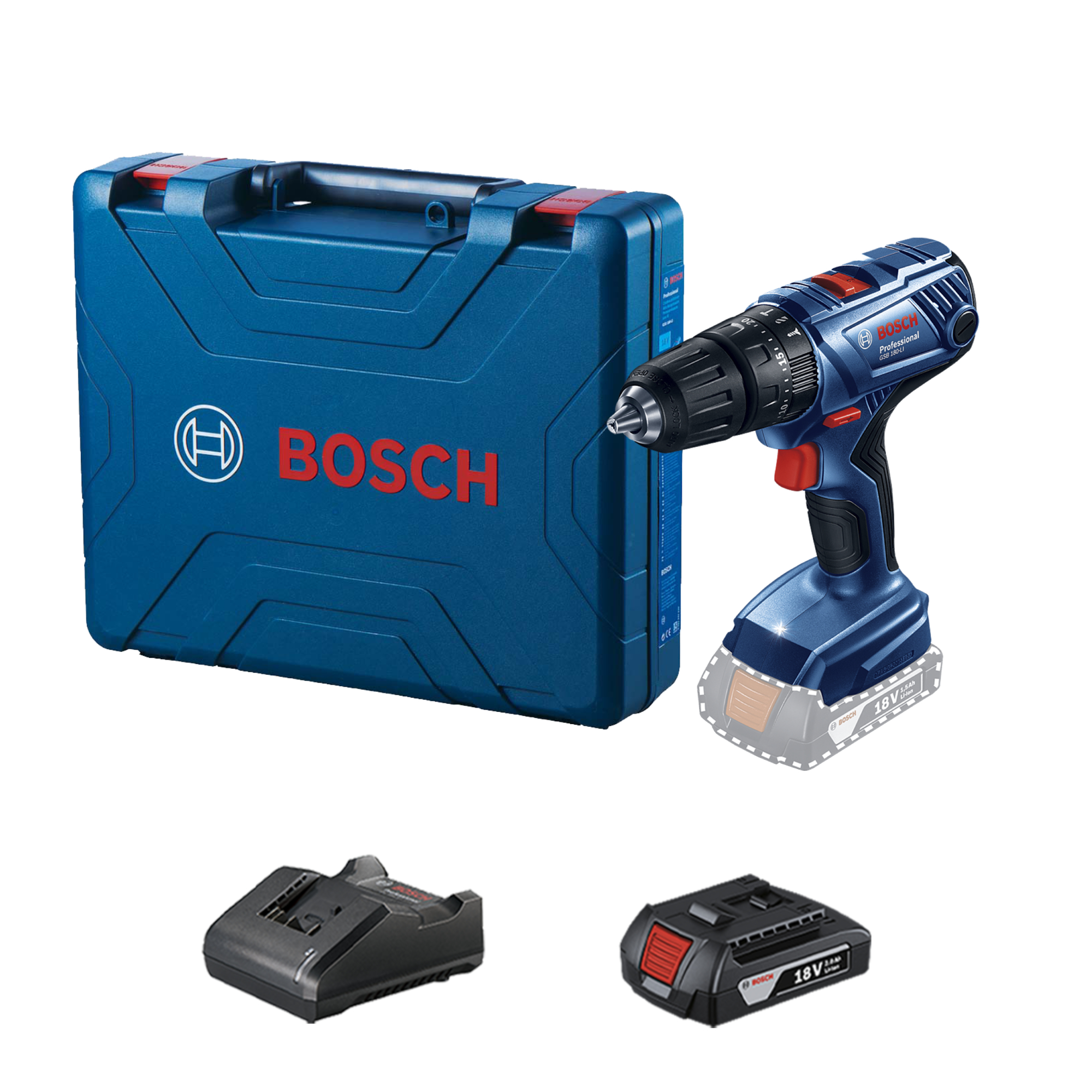 Furadeira e Parafusadeira de Impacto a Bateria Bosch com Carregador e Bateria 18V 1/2" GSB 180-Li Bivolt