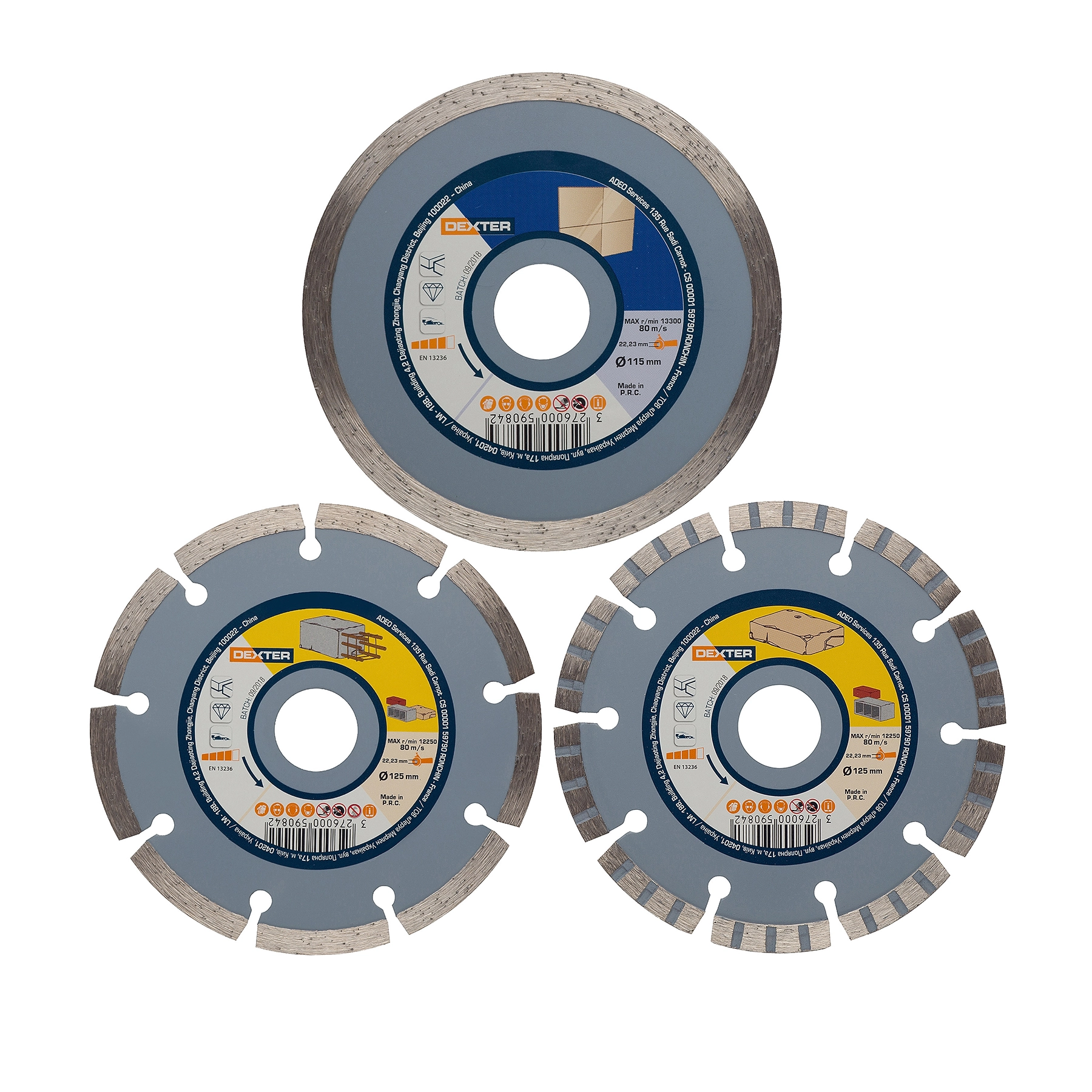 Jogo de Disco de Corte Diamantado Contínuo, Turbo e Segmentado 125x22,23mm 3 peças Dexter
