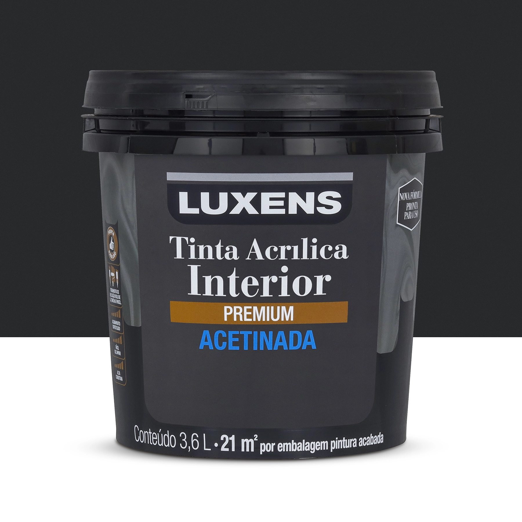 Tinta Acrílica Acetinada Pronta para Uso Premium Interior Preto 3,6 L Luxens