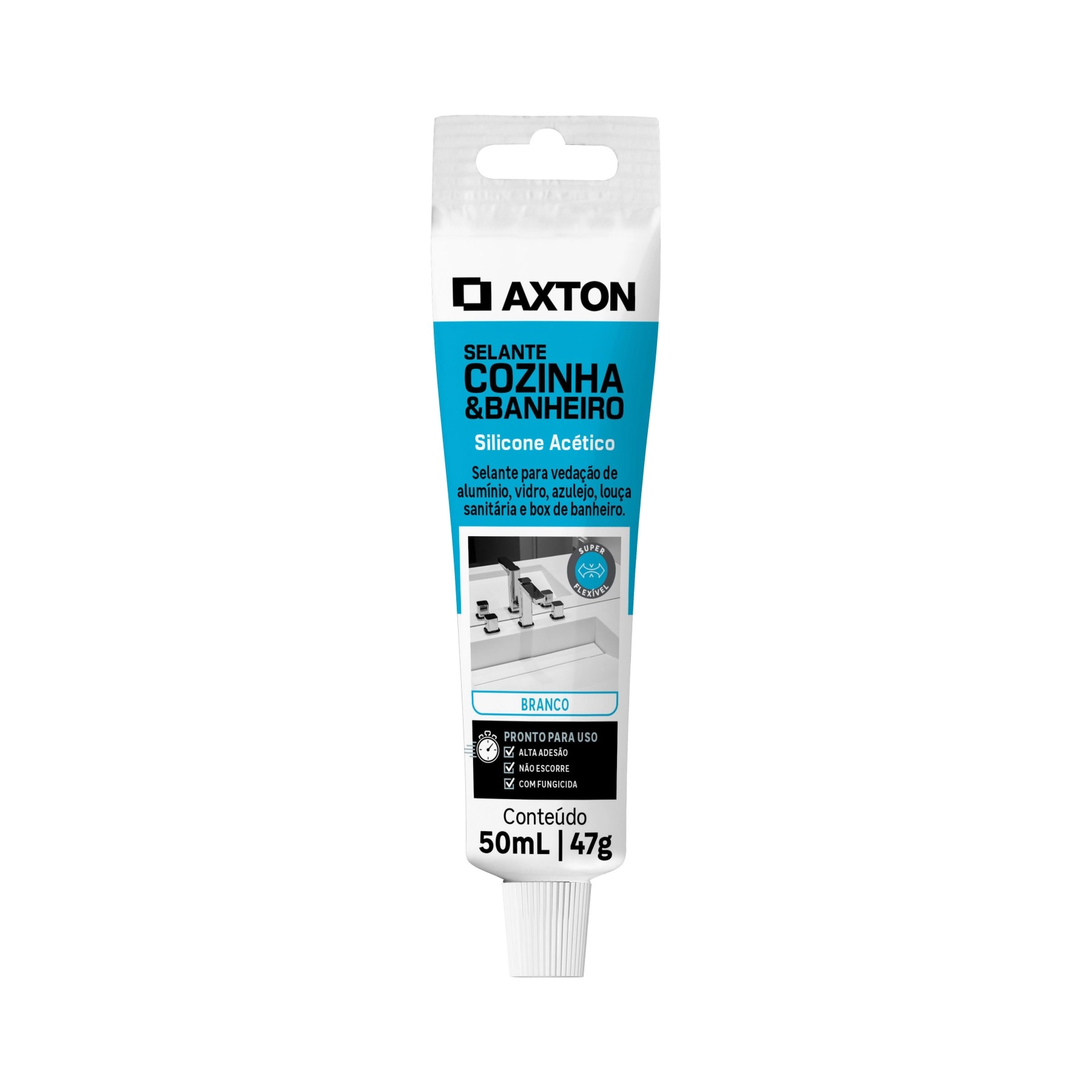 Silicone Acético para Cozinha e Banheiro Branco Bisnaga 47g Axton