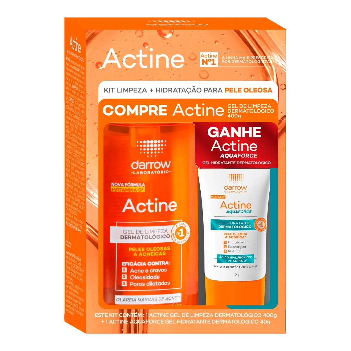 Kit Gel De Limpeza Darrow Actine 400g Pump Grátis Gel Hidratante Dermatológico Aquaforce 40g