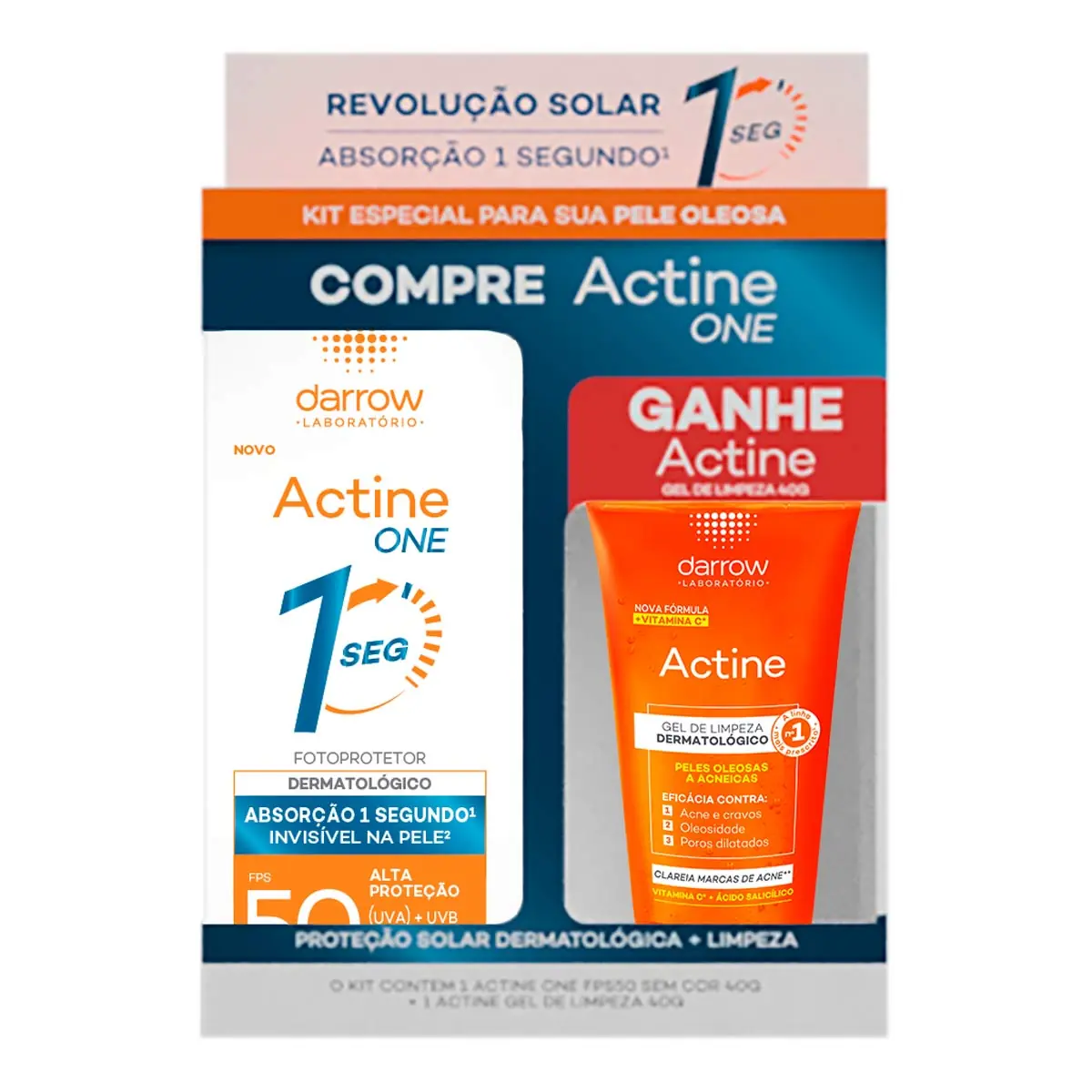 Kit Protetor Solar FPS 50 Darrow Actine One 40g + Gel de Limpeza 40g