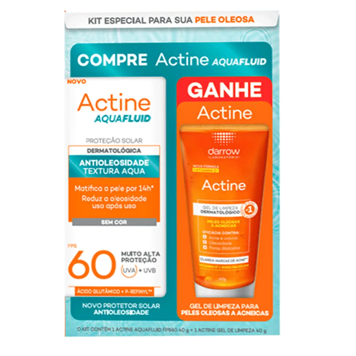 Kit Protetor Solar Aqua Fluid Antioleosidade Fps 60 Grátis Gel De Limpeza Facial Darrow Actine 40g C