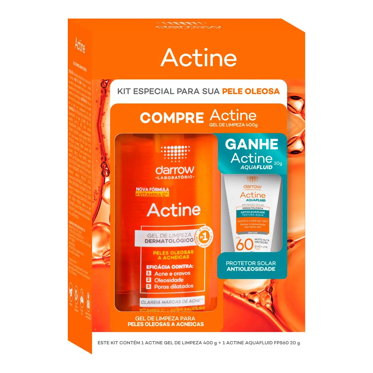Kit Gel De Limpeza Darrow Actine 400g Pump Grátis Protetor Solar Antioleosidade Aquafluid Fps60 20g
