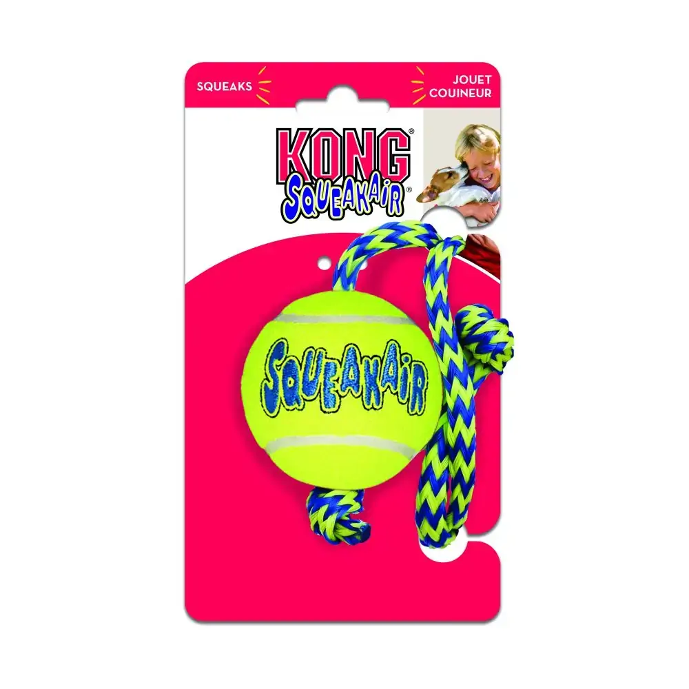 Squeaker Ball With Rope Blue Yellow Medium
