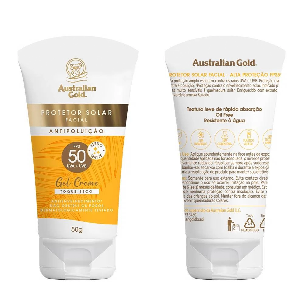Protetor Solar Facial Gel Creme Toque Seco Fps 50 Australian Gold Caixa 50g