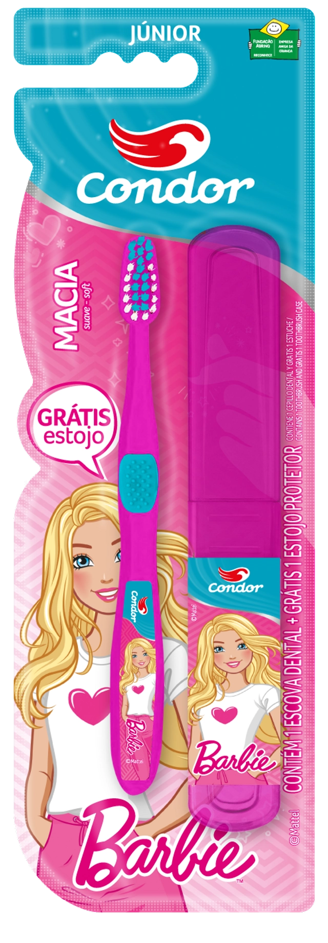Escova Dental Infantil Macia Barbie Condor Júnior Cabeça P Grátis Estojo Protetor