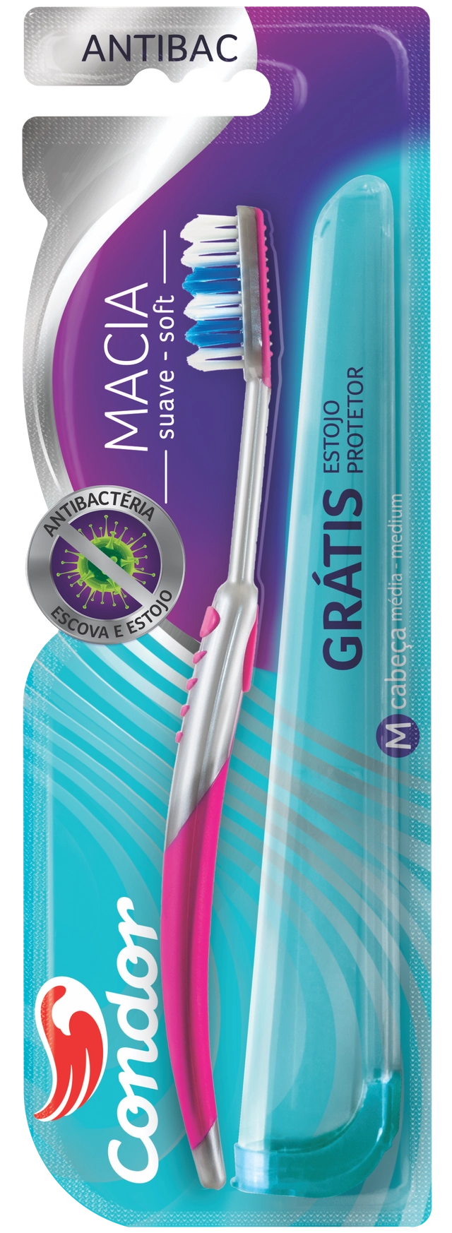 Escova Dental Macia Condor Antibac Cabeça M Grátis Estojo Protetor