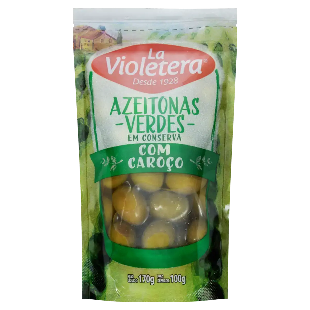 Azeitona Verde Em Conserva Inteira Com Caroço La Violetera Sachê 100g