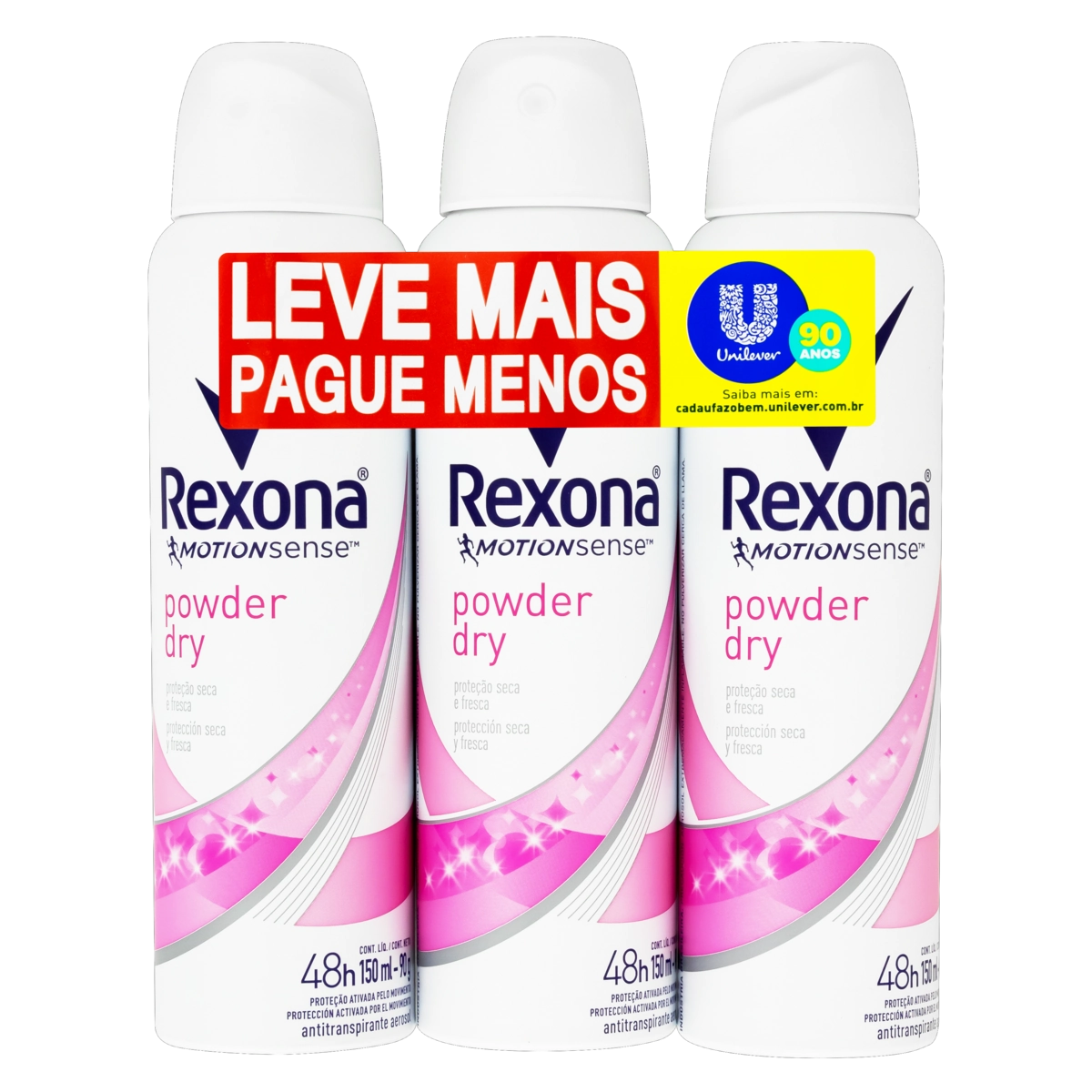 Pack Antitranspirante Aerossol Powder Dry Rexona Motionsense 3 Unidades 150ml Cada Leve Mais Pague M