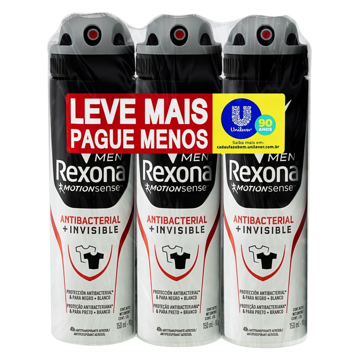 Pack Antitranspirante Aerossol Antibacterial E Invisible Rexona Men Motionsense 3 Unidades 150ml Cad