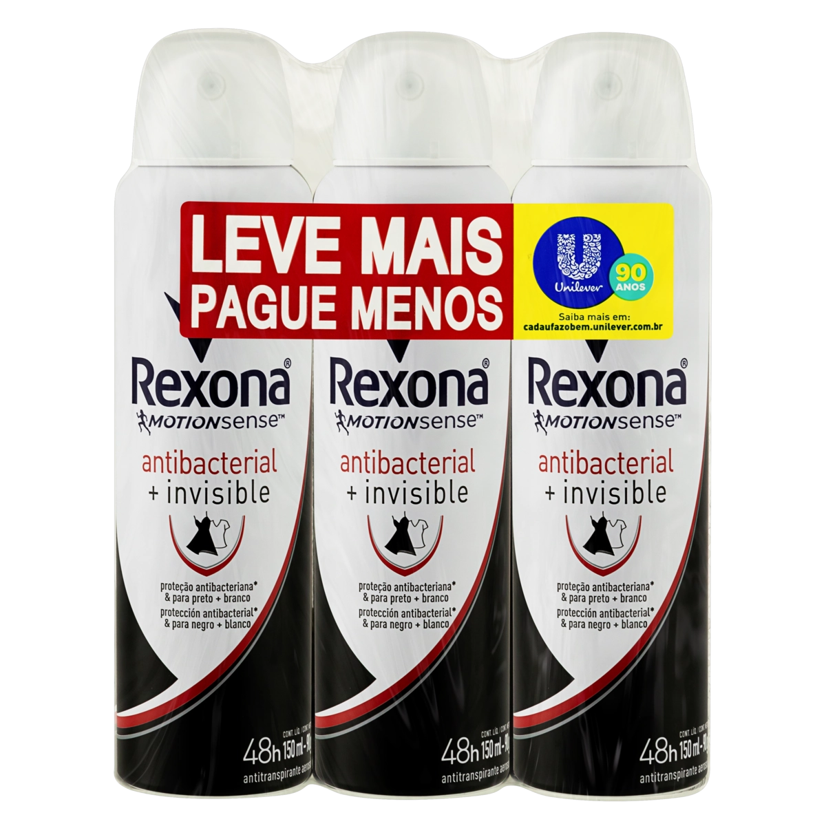 Pack Antitranspirante Aerossol Antibacterial E Invisible Rexona Motionsense 3 Unidades 150ml Cada Le