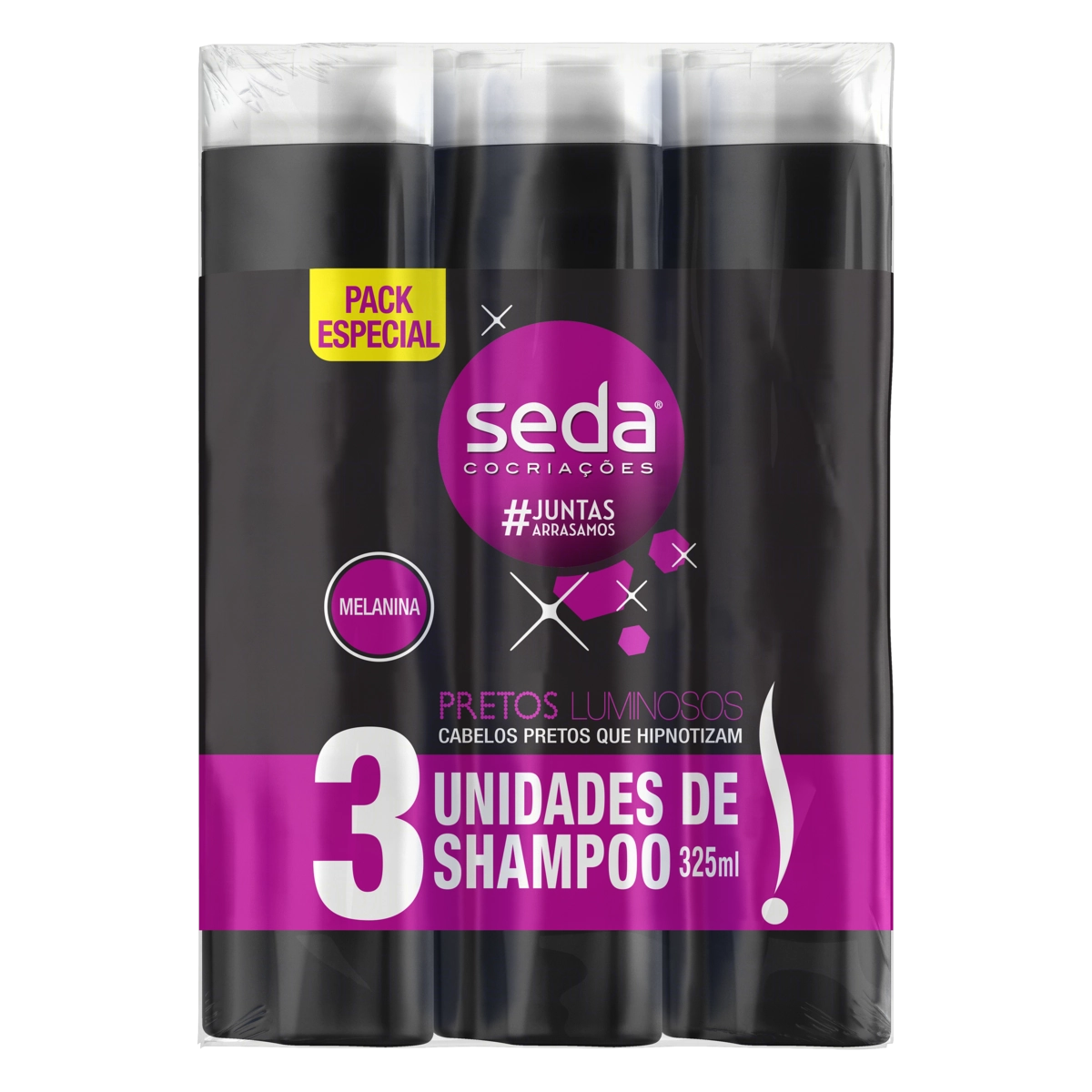 Pack Shampoo Seda Cocriações Pretos Luminosos Frasco 3 Unidades 325ml Cada