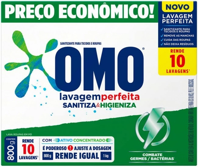 Lava Roupas Pó Omo Lavagem Perfeita Sanitiza Higieniza Caixa 800g