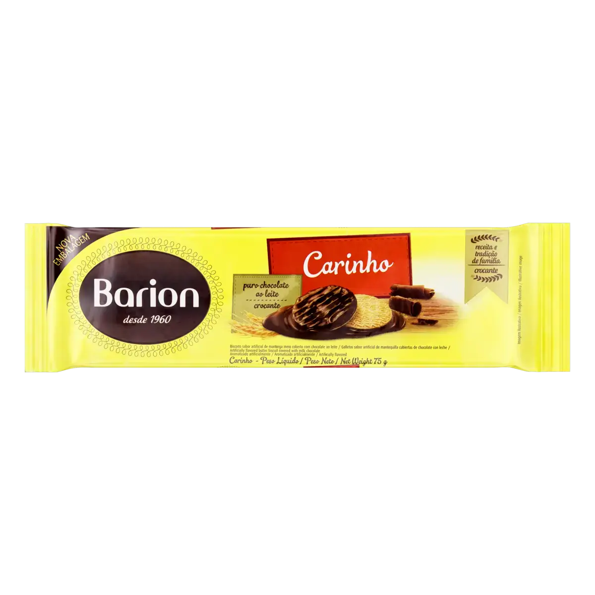 Biscoito Manteiga Cobertura Chocolate Ao Leite Barion Carinho Pacote 75g