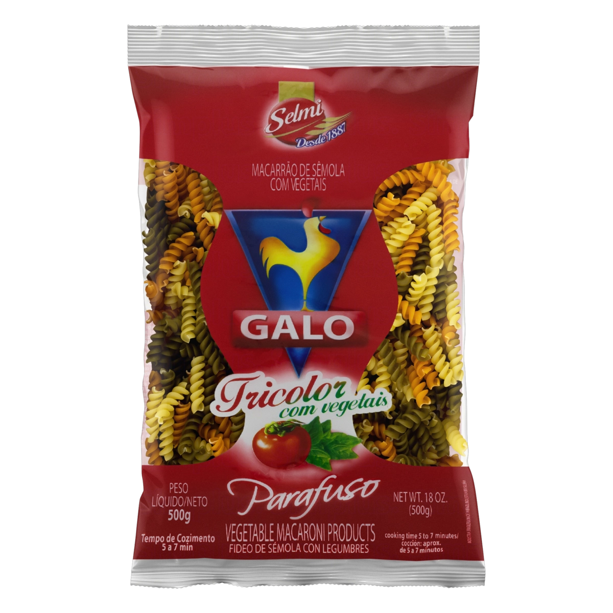 Macarrão De Sêmola Tricolor Com Vegetais Parafuso Galo Pacote 500g
