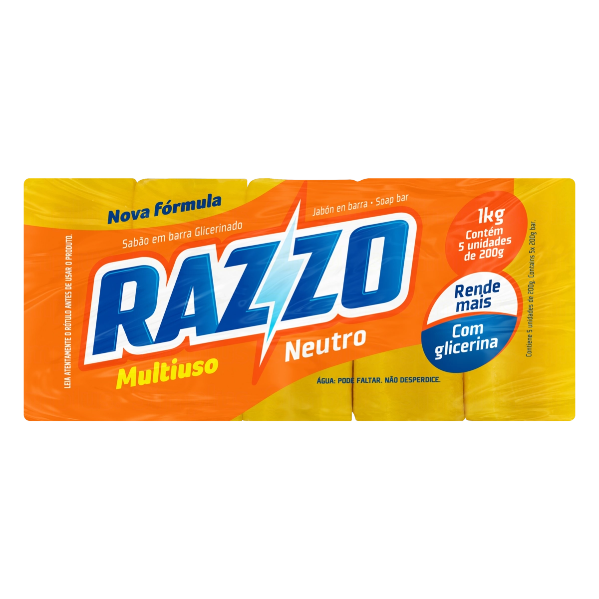 Sabão Barra Glicerinado Multiuso Neutro Razzo Pacote 1kg 5 Unidades