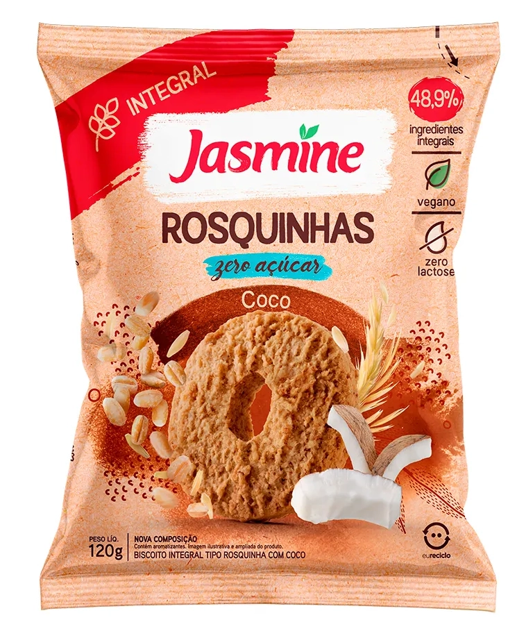 Biscoito Rosquinha Vegano Integral Coco Zero Açúcar Jasmine Pacote 120g