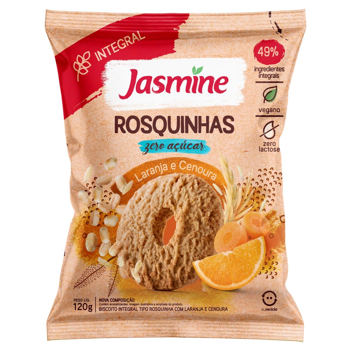 Biscoito Rosquinha Vegano Integral Laranja E Cenoura Zero Açúcar Jasmine Pacote 120g