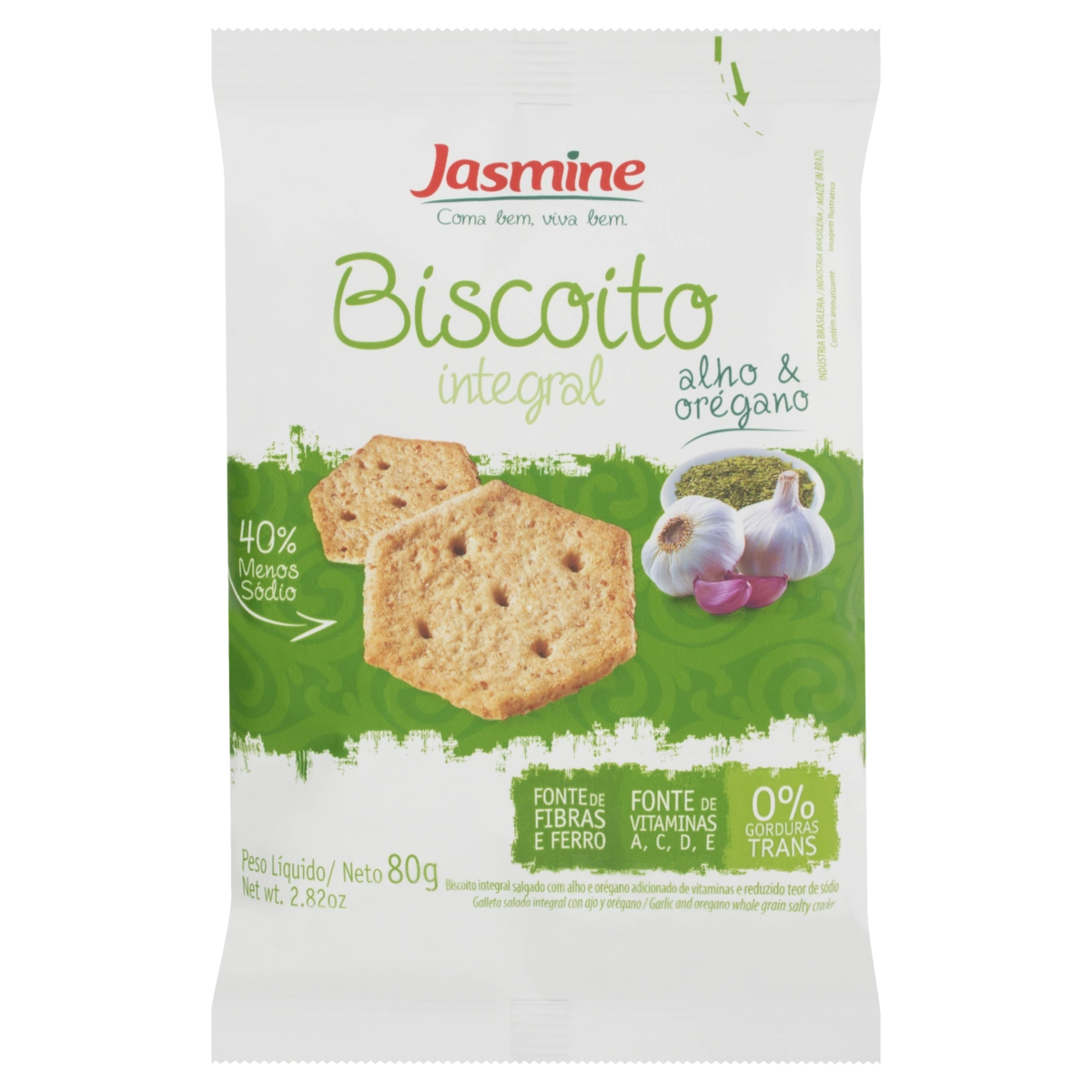 Biscoito Vegano Integral Alho E Orégano Jasmine Pacote 80g
