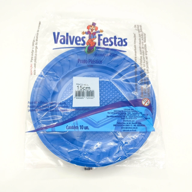 Prato Plástico Valves Festas Azul 15cm Contém 10 Unidades