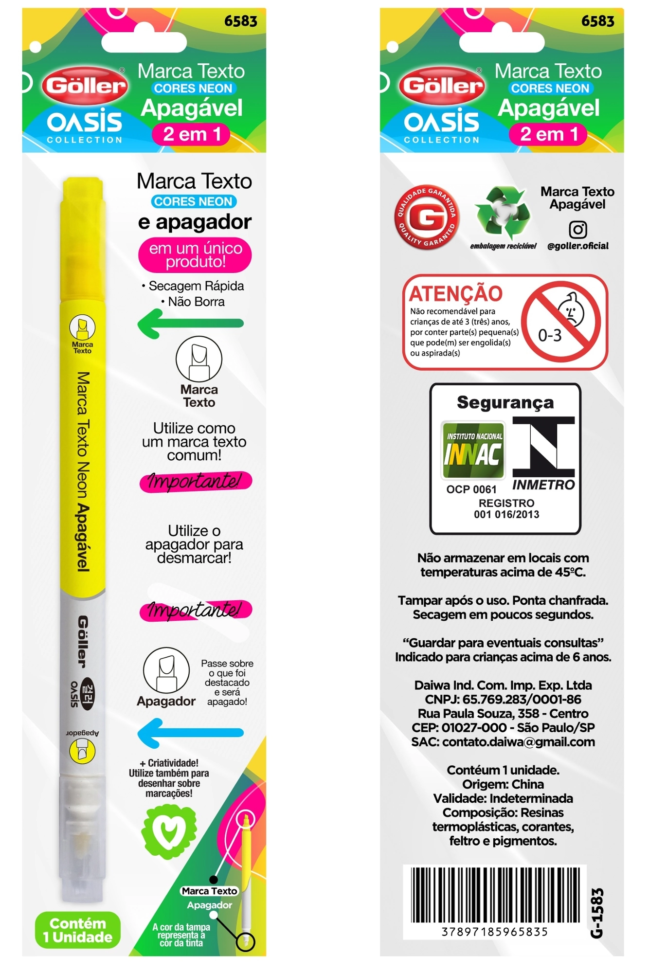 Caneta Marca Texto Apagavel Oasis Amarelo G 1583 Daiwa
