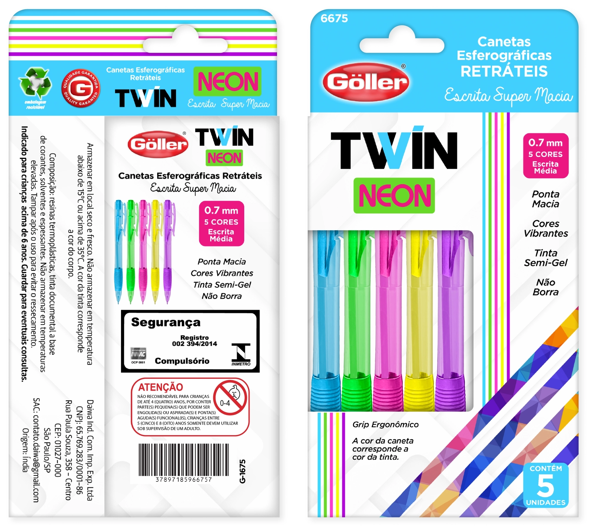 Caneta Esferografica Retratil Twin Neon 0.7mm 5un G 1675 Daiwa