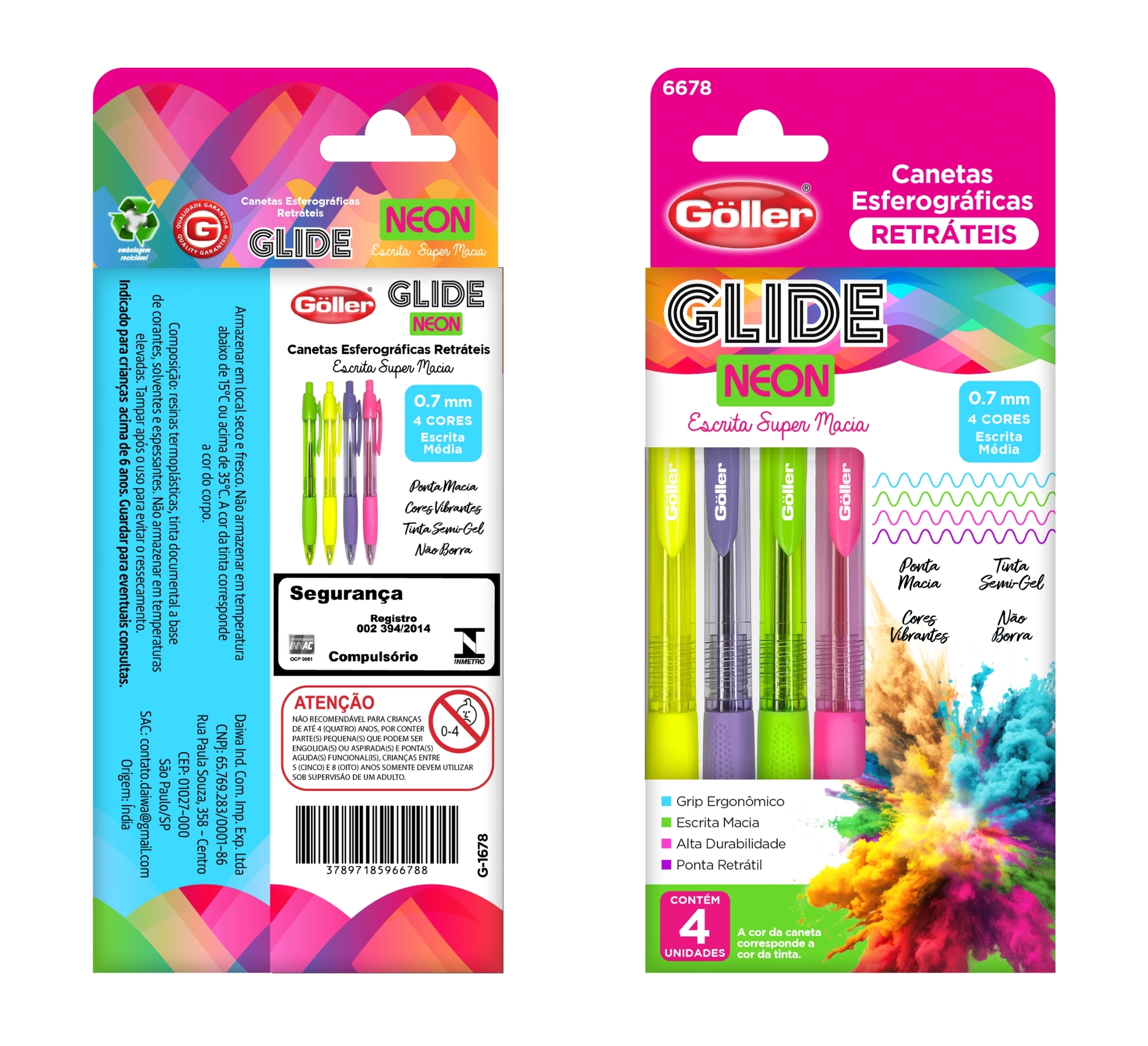 Caneta Esferografica Retratil Glide Neon 0.7mm 4un G 1678 Daiwa