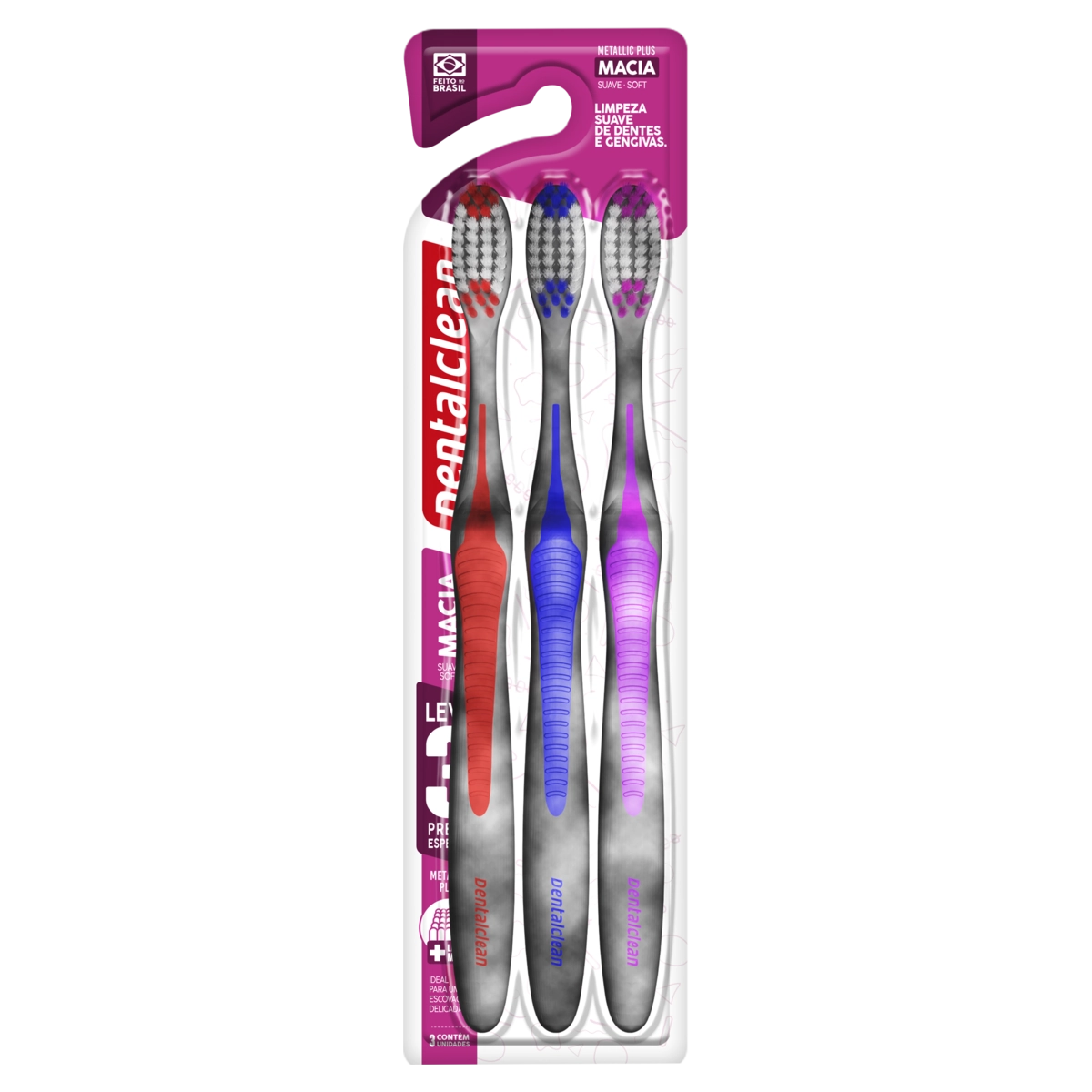 Escova Dental Macia Dentalclean Metallic Plus 3 Unidades