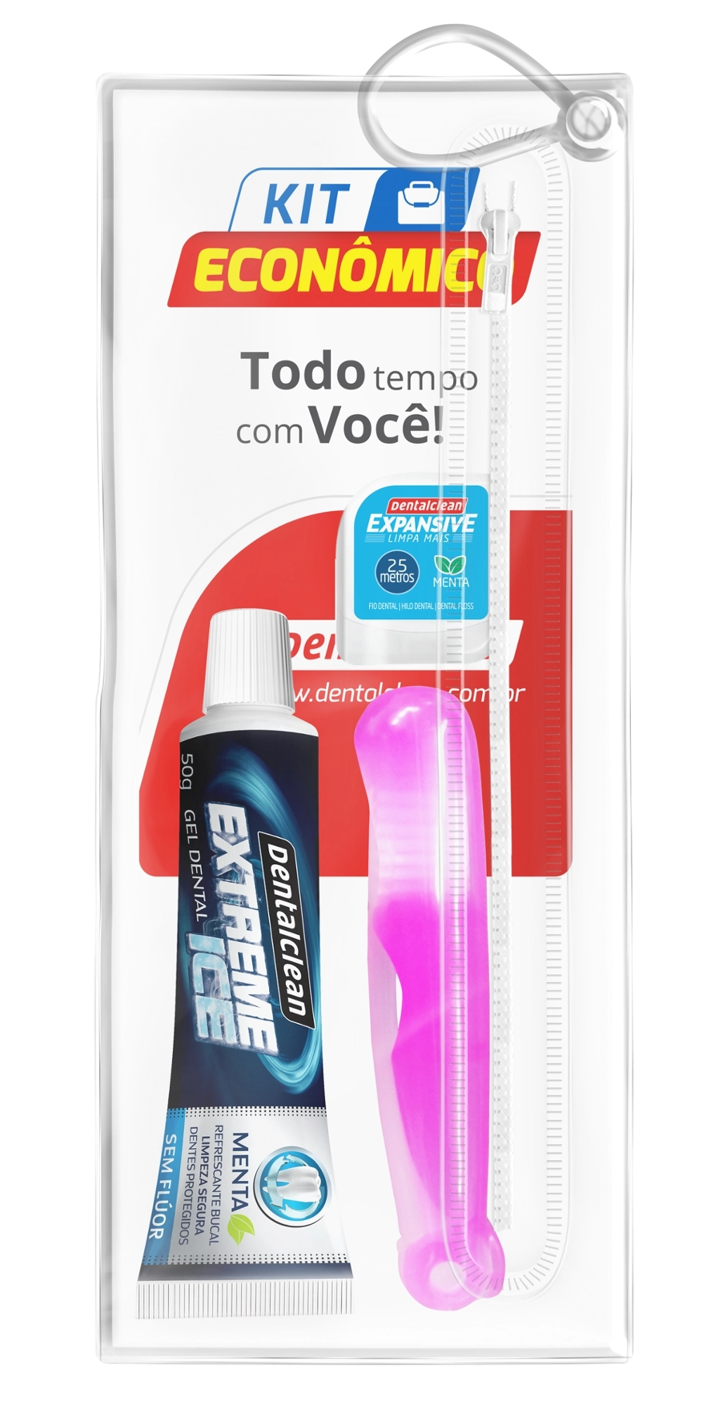 Kit Escova Dental Fio Dental 20m Gel Dental Menta Refrescante Extreme Ice 50g Dentalclean Viagem