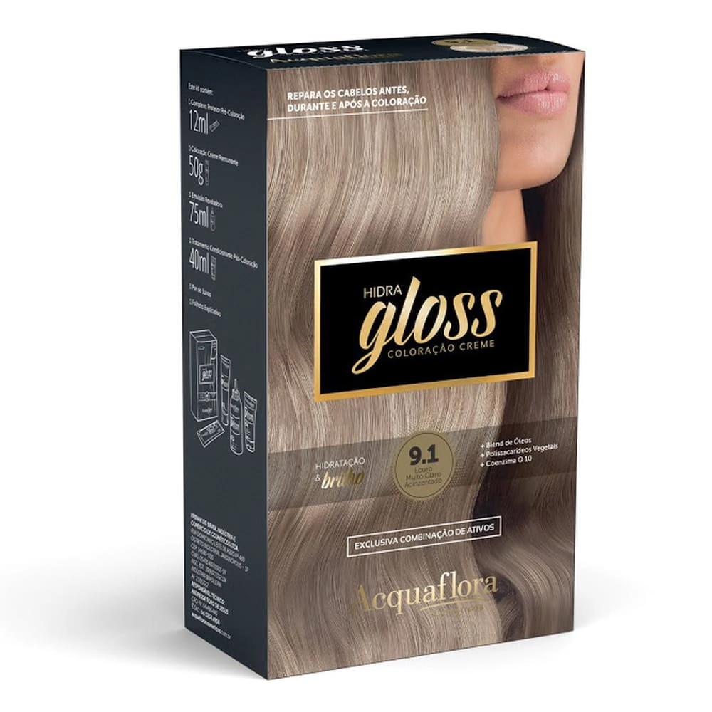 9.1 Louro Muito Claro Acinzentado Kit Coloracao Hidra Gloss Acquaflora