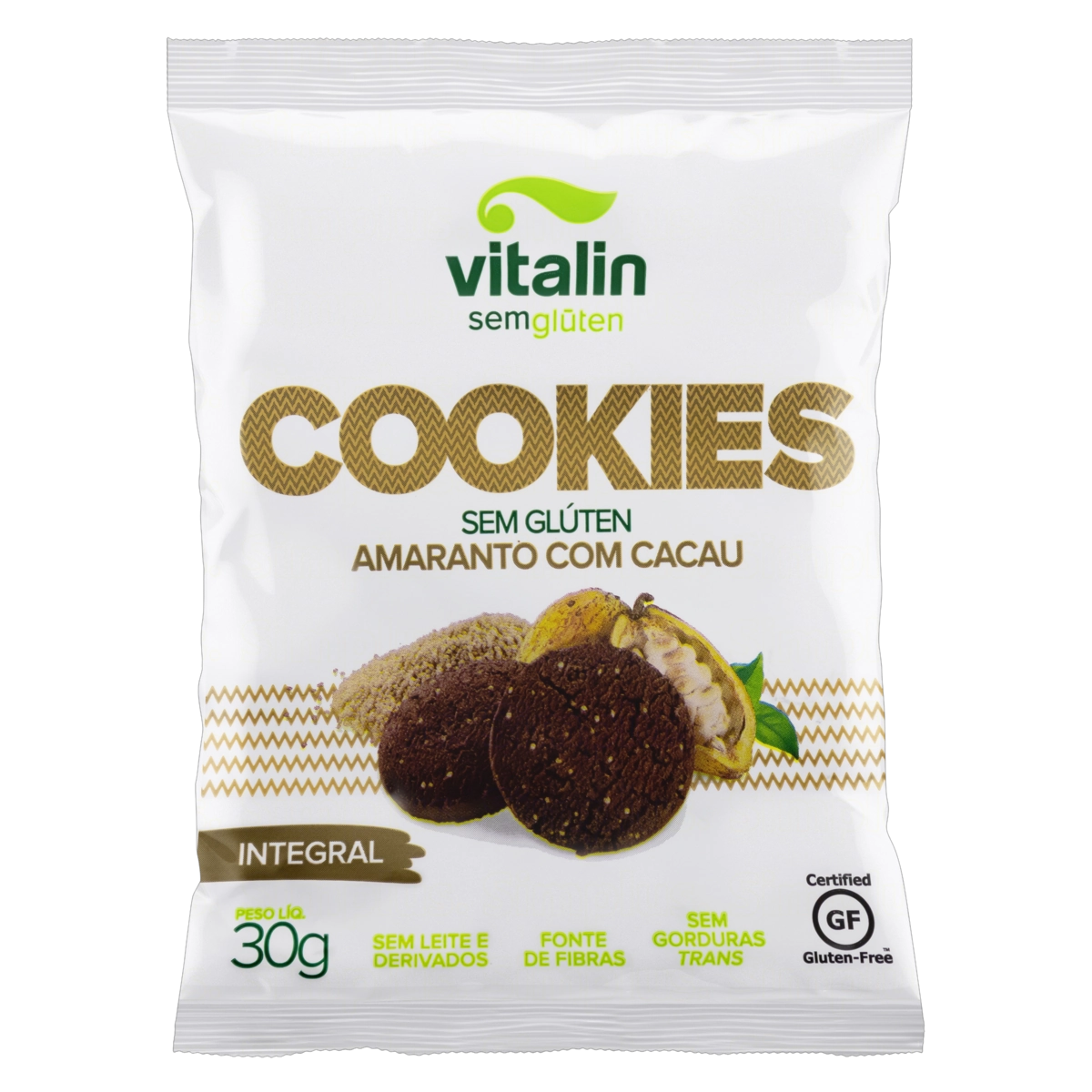 Biscoito Cookie Integral Amaranto Com Cacau Sem Glúten Vitalin Pacote 30g