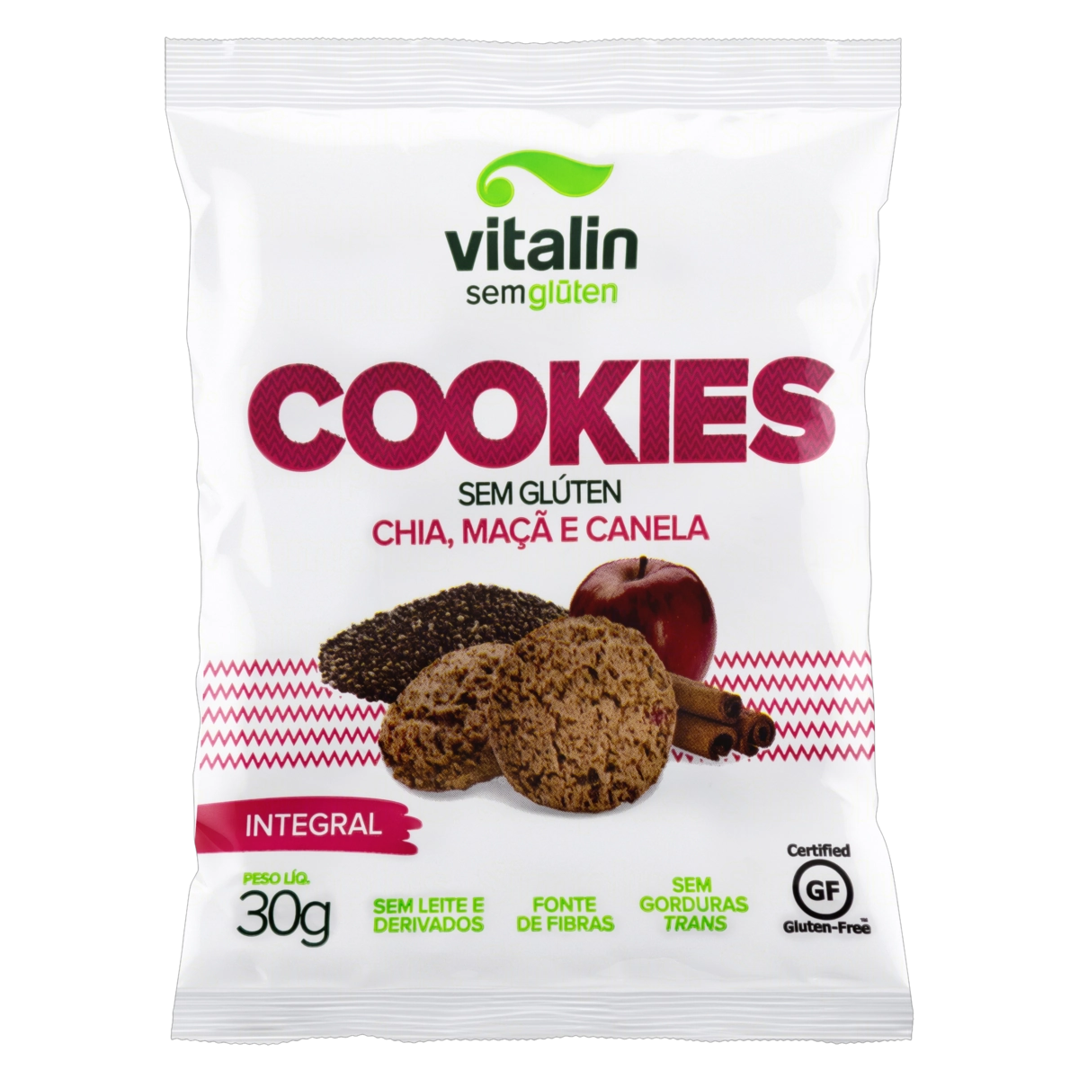 Biscoito Cookie Integral Chia, Maçã E Canela Sem Glúten Vitalin Pacote 30g