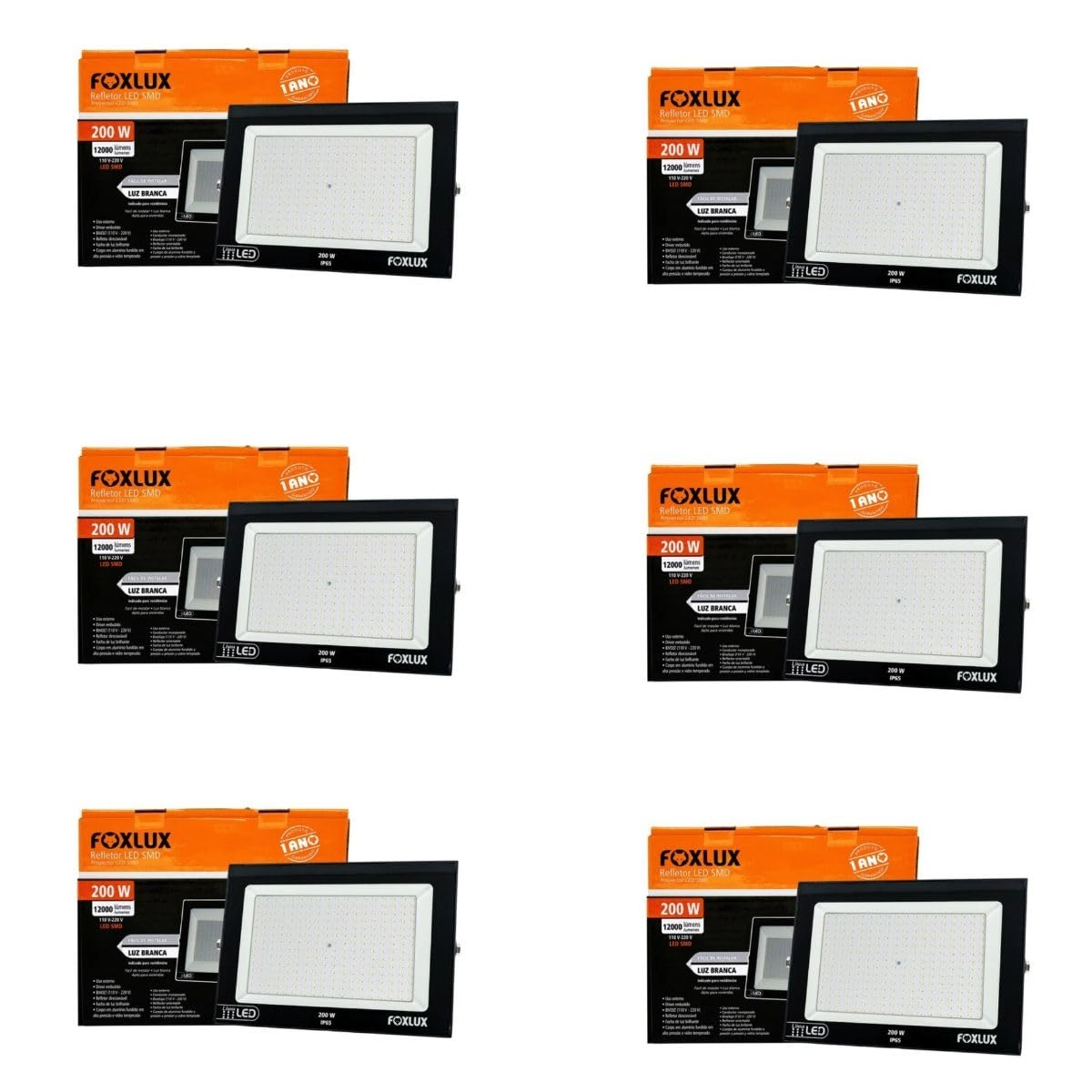 Kit 6 Refletor Led Foxlux 200w 6500k Bivolt Preto