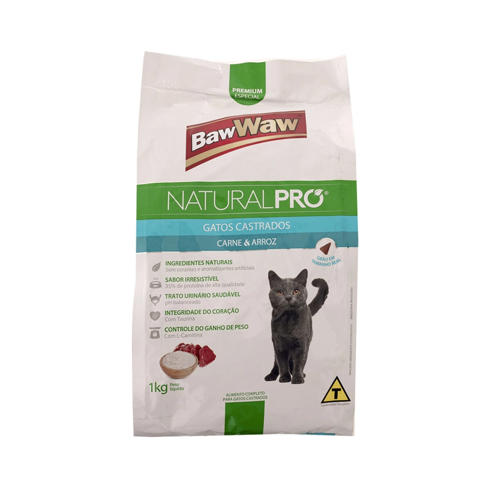 Racao Gatos Baw Waw 1kg Natural Pro Castrados Carne/arroz